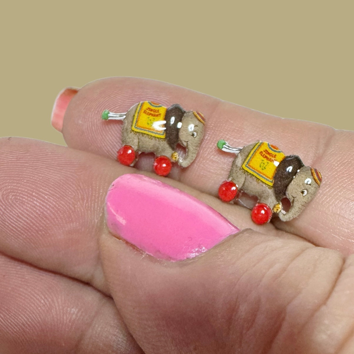 Pull Toy Elephant stud earrings handmade vintage inspired