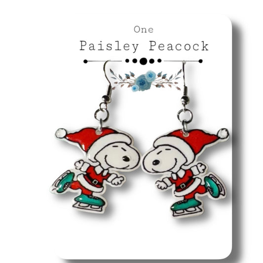 Dangle Earrings-ice skating snoopy