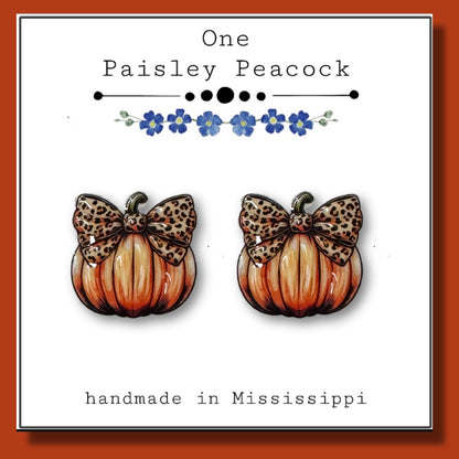 pumpkin leopard bow stud earrings