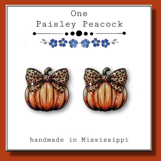 pumpkin leopard bow stud earrings