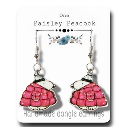 Dangle Earrings-snoopy pink puffer