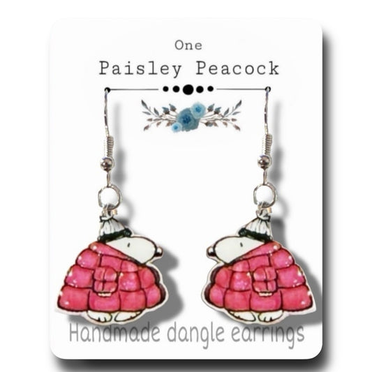 Dangle Earrings-snoopy pink puffer