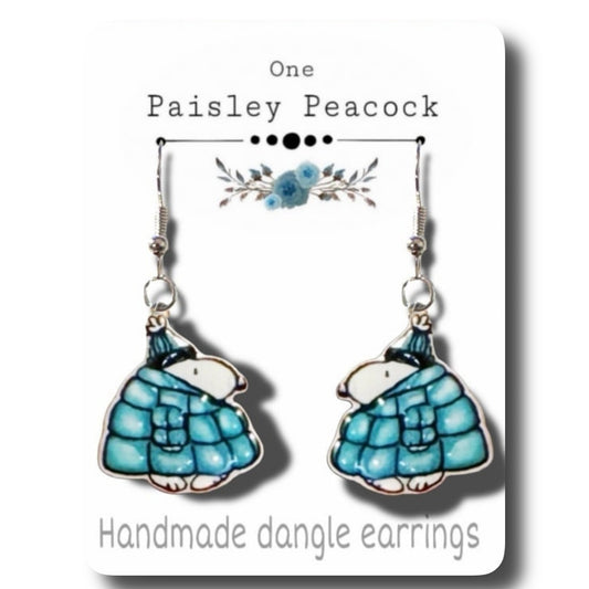 Dangle Earrings-snoopy blue puffer