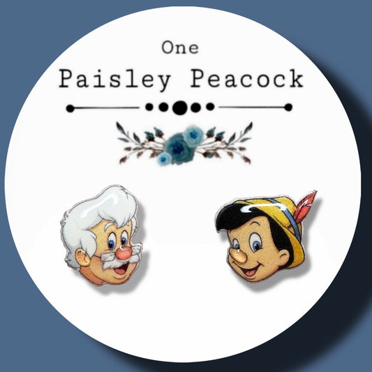 Pinocchio Geppetto inspired handmade cartoon stud earrings